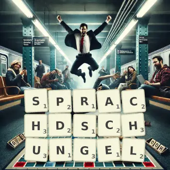 Kreative Illustration für ein Scrabble-Spiel, bei dem das Wort SPRACHDSCHUNGEL mit Steinen auf dem Brett gelegt wurde.