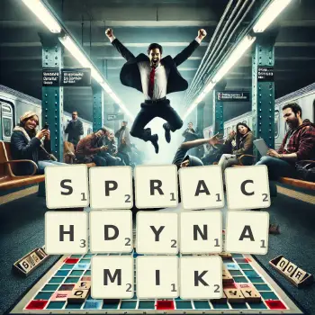 Kreative Illustration für ein Scrabble-Spiel, bei dem das Wort SPRACHDYNAMIK mit Steinen auf dem Brett gelegt wurde.