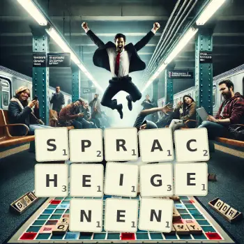 Kreative Illustration für ein Scrabble-Spiel, bei dem das Wort SPRACHEIGENEN mit Steinen auf dem Brett gelegt wurde.