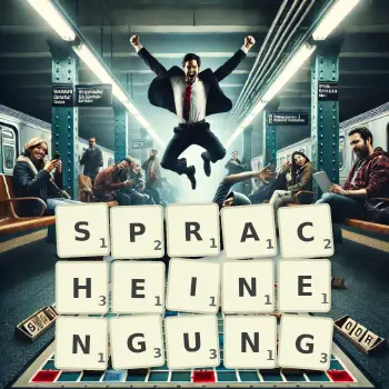 Kreative Illustration für ein Scrabble-Spiel, bei dem das Wort SPRACHEINENGUNG mit Steinen auf dem Brett gelegt wurde.