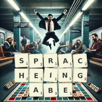Kreative Illustration für ein Scrabble-Spiel, bei dem das Wort SPRACHEINGABE mit Steinen auf dem Brett gelegt wurde.