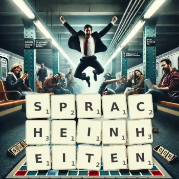 Kreative Illustration für ein Scrabble-Spiel, bei dem das Wort SPRACHEINHEITEN mit Steinen auf dem Brett gelegt wurde.
