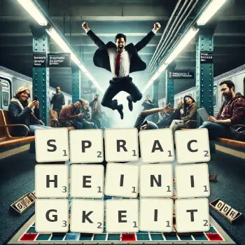 Kreative Illustration für ein Scrabble-Spiel, bei dem das Wort SPRACHEINIGKEIT mit Steinen auf dem Brett gelegt wurde.