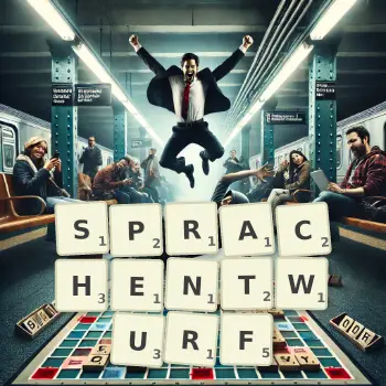 Kreative Illustration für ein Scrabble-Spiel, bei dem das Wort SPRACHENTWURF mit Steinen auf dem Brett gelegt wurde.