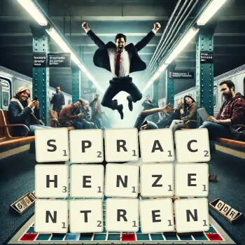 Kreative Illustration für ein Scrabble-Spiel, bei dem das Wort SPRACHENZENTREN mit Steinen auf dem Brett gelegt wurde.