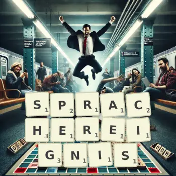 Kreative Illustration für ein Scrabble-Spiel, bei dem das Wort SPRACHEREIGNIS mit Steinen auf dem Brett gelegt wurde.