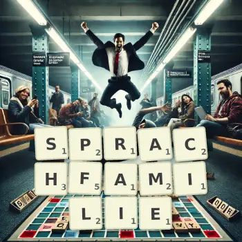 Kreative Illustration für ein Scrabble-Spiel, bei dem das Wort SPRACHFAMILIE mit Steinen auf dem Brett gelegt wurde.