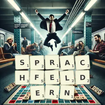 Kreative Illustration für ein Scrabble-Spiel, bei dem das Wort SPRACHFELDERN mit Steinen auf dem Brett gelegt wurde.