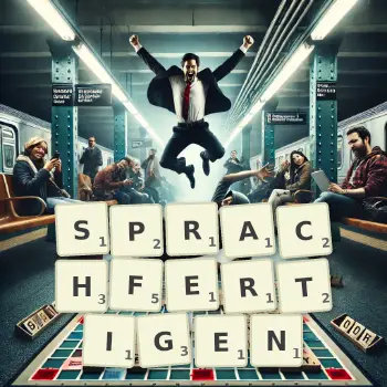 Kreative Illustration für ein Scrabble-Spiel, bei dem das Wort SPRACHFERTIGEN mit Steinen auf dem Brett gelegt wurde.