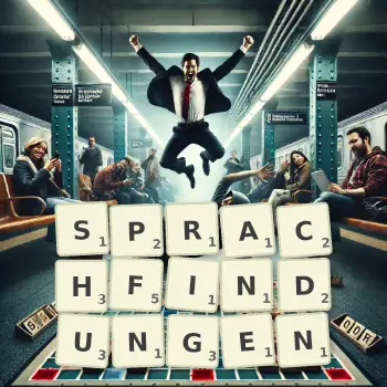 Kreative Illustration für ein Scrabble-Spiel, bei dem das Wort SPRACHFINDUNGEN mit Steinen auf dem Brett gelegt wurde.