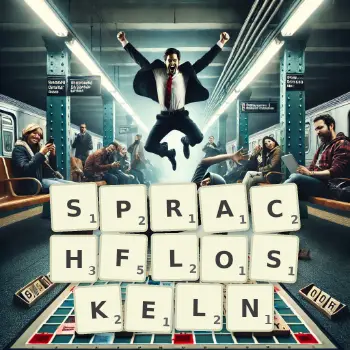 Kreative Illustration für ein Scrabble-Spiel, bei dem das Wort SPRACHFLOSKELN mit Steinen auf dem Brett gelegt wurde.