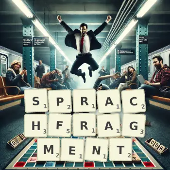Kreative Illustration für ein Scrabble-Spiel, bei dem das Wort SPRACHFRAGMENT mit Steinen auf dem Brett gelegt wurde.