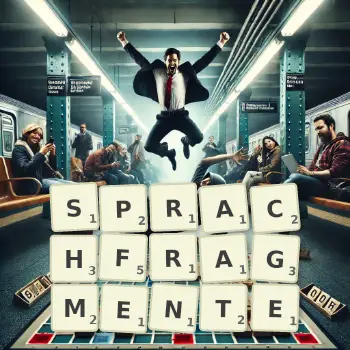 Kreative Illustration für ein Scrabble-Spiel, bei dem das Wort SPRACHFRAGMENTE mit Steinen auf dem Brett gelegt wurde.