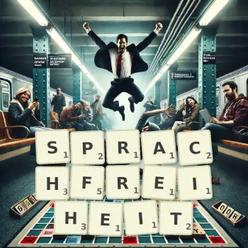 Kreative Illustration für ein Scrabble-Spiel, bei dem das Wort SPRACHFREIHEIT mit Steinen auf dem Brett gelegt wurde.