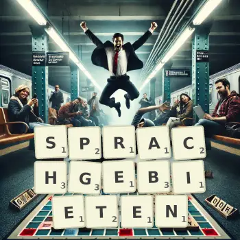 Kreative Illustration für ein Scrabble-Spiel, bei dem das Wort SPRACHGEBIETEN mit Steinen auf dem Brett gelegt wurde.
