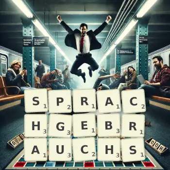 Kreative Illustration für ein Scrabble-Spiel, bei dem das Wort SPRACHGEBRAUCHS mit Steinen auf dem Brett gelegt wurde.