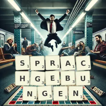 Kreative Illustration für ein Scrabble-Spiel, bei dem das Wort SPRACHGEBUNGEN mit Steinen auf dem Brett gelegt wurde.