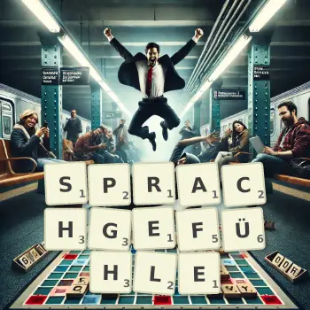Kreative Illustration für ein Scrabble-Spiel, bei dem das Wort SPRACHGEFÜHLE mit Steinen auf dem Brett gelegt wurde.
