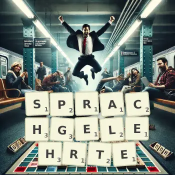 Kreative Illustration für ein Scrabble-Spiel, bei dem das Wort SPRACHGELEHRTE mit Steinen auf dem Brett gelegt wurde.