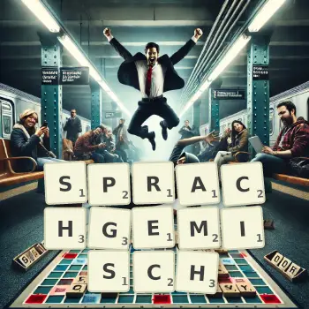 Kreative Illustration für ein Scrabble-Spiel, bei dem das Wort SPRACHGEMISCH mit Steinen auf dem Brett gelegt wurde.