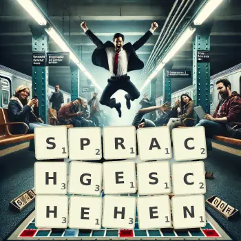 Kreative Illustration für ein Scrabble-Spiel, bei dem das Wort SPRACHGESCHEHEN mit Steinen auf dem Brett gelegt wurde.