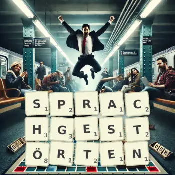 Kreative Illustration für ein Scrabble-Spiel, bei dem das Wort SPRACHGESTÖRTEN mit Steinen auf dem Brett gelegt wurde.