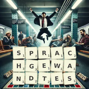 Kreative Illustration für ein Scrabble-Spiel, bei dem das Wort SPRACHGEWANDTES mit Steinen auf dem Brett gelegt wurde.