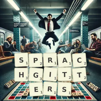 Kreative Illustration für ein Scrabble-Spiel, bei dem das Wort SPRACHGITTERS mit Steinen auf dem Brett gelegt wurde.