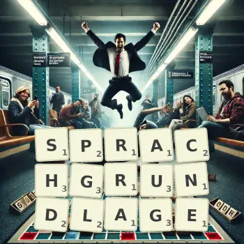 Kreative Illustration für ein Scrabble-Spiel, bei dem das Wort SPRACHGRUNDLAGE mit Steinen auf dem Brett gelegt wurde.
