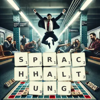 Kreative Illustration für ein Scrabble-Spiel, bei dem das Wort SPRACHHALTUNG mit Steinen auf dem Brett gelegt wurde.
