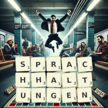 Kreative Illustration für ein Scrabble-Spiel, bei dem das Wort SPRACHHALTUNGEN mit Steinen auf dem Brett gelegt wurde.