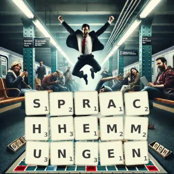 Kreative Illustration für ein Scrabble-Spiel, bei dem das Wort SPRACHHEMMUNGEN mit Steinen auf dem Brett gelegt wurde.
