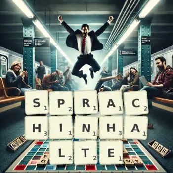 Kreative Illustration für ein Scrabble-Spiel, bei dem das Wort SPRACHINHALTE mit Steinen auf dem Brett gelegt wurde.