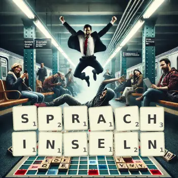 Kreative Illustration für ein Scrabble-Spiel, bei dem das Wort SPRACHINSELN mit Steinen auf dem Brett gelegt wurde.