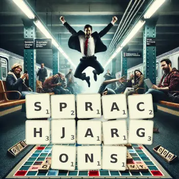 Kreative Illustration für ein Scrabble-Spiel, bei dem das Wort SPRACHJARGONS mit Steinen auf dem Brett gelegt wurde.