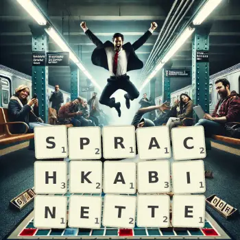 Kreative Illustration für ein Scrabble-Spiel, bei dem das Wort SPRACHKABINETTE mit Steinen auf dem Brett gelegt wurde.