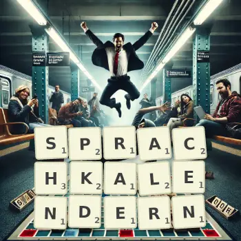 Kreative Illustration für ein Scrabble-Spiel, bei dem das Wort SPRACHKALENDERN mit Steinen auf dem Brett gelegt wurde.