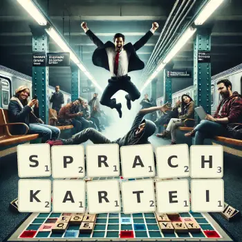 Kreative Illustration für ein Scrabble-Spiel, bei dem das Wort SPRACHKARTEI mit Steinen auf dem Brett gelegt wurde.