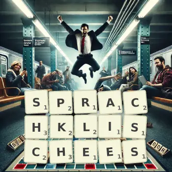 Kreative Illustration für ein Scrabble-Spiel, bei dem das Wort SPRACHKLISCHEES mit Steinen auf dem Brett gelegt wurde.