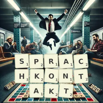 Kreative Illustration für ein Scrabble-Spiel, bei dem das Wort SPRACHKONTAKT mit Steinen auf dem Brett gelegt wurde.