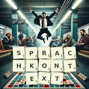 Kreative Illustration für ein Scrabble-Spiel, bei dem das Wort SPRACHKONTEXT mit Steinen auf dem Brett gelegt wurde.