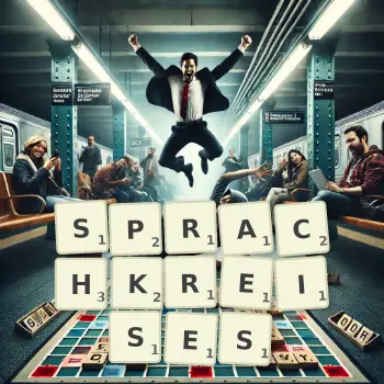 Kreative Illustration für ein Scrabble-Spiel, bei dem das Wort SPRACHKREISES mit Steinen auf dem Brett gelegt wurde.