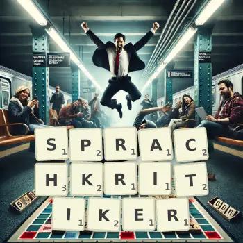 Kreative Illustration für ein Scrabble-Spiel, bei dem das Wort SPRACHKRITIKER mit Steinen auf dem Brett gelegt wurde.