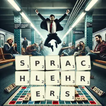 Kreative Illustration für ein Scrabble-Spiel, bei dem das Wort SPRACHLEHRERS mit Steinen auf dem Brett gelegt wurde.