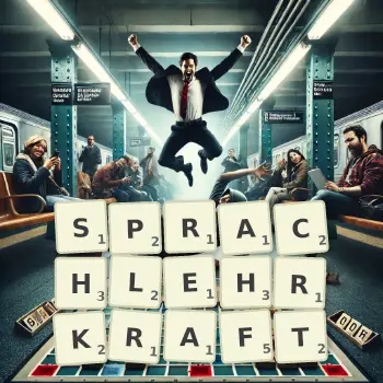 Kreative Illustration für ein Scrabble-Spiel, bei dem das Wort SPRACHLEHRKRAFT mit Steinen auf dem Brett gelegt wurde.