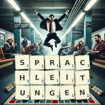 Kreative Illustration für ein Scrabble-Spiel, bei dem das Wort SPRACHLEITUNGEN mit Steinen auf dem Brett gelegt wurde.