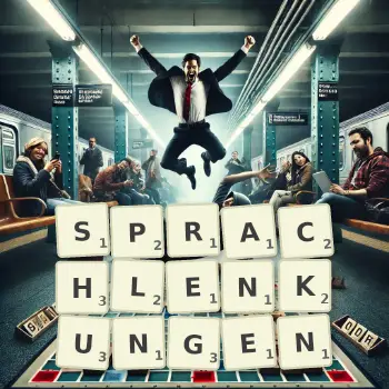 Kreative Illustration für ein Scrabble-Spiel, bei dem das Wort SPRACHLENKUNGEN mit Steinen auf dem Brett gelegt wurde.