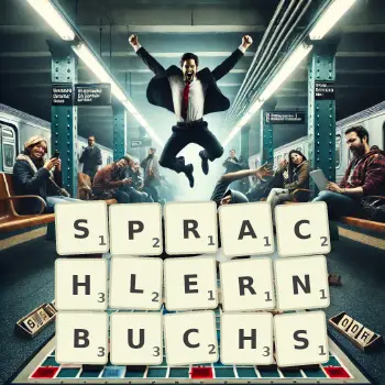 Kreative Illustration für ein Scrabble-Spiel, bei dem das Wort SPRACHLERNBUCHS mit Steinen auf dem Brett gelegt wurde.