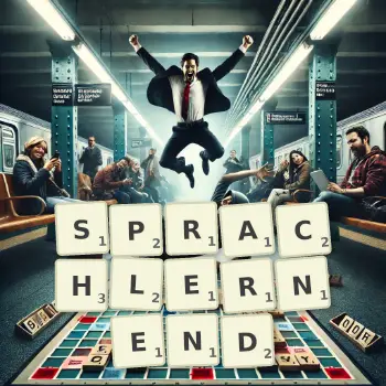 Kreative Illustration für ein Scrabble-Spiel, bei dem das Wort SPRACHLERNEND mit Steinen auf dem Brett gelegt wurde.