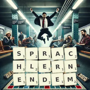 Kreative Illustration für ein Scrabble-Spiel, bei dem das Wort SPRACHLERNENDEM mit Steinen auf dem Brett gelegt wurde.
